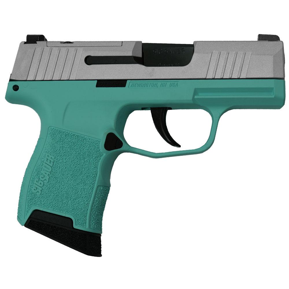 Sig Sauer “Silver Slide/Robin’s Egg Blue Frame” P365 Optic Ready Handgun 9mm Luger 10rd Magazines(2) 3.1″ Barrel X-RAY 3 Sights