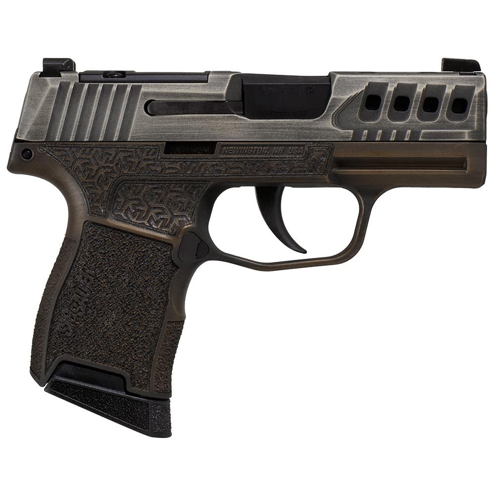 Sig Sauer P365 “Gold Bug” Handgun 9mm luger 10rd Magazines(2) 3.1″ Black Barrel Tactical Cut Distressed Grey Slide/Brown Grip Octagon Stippling