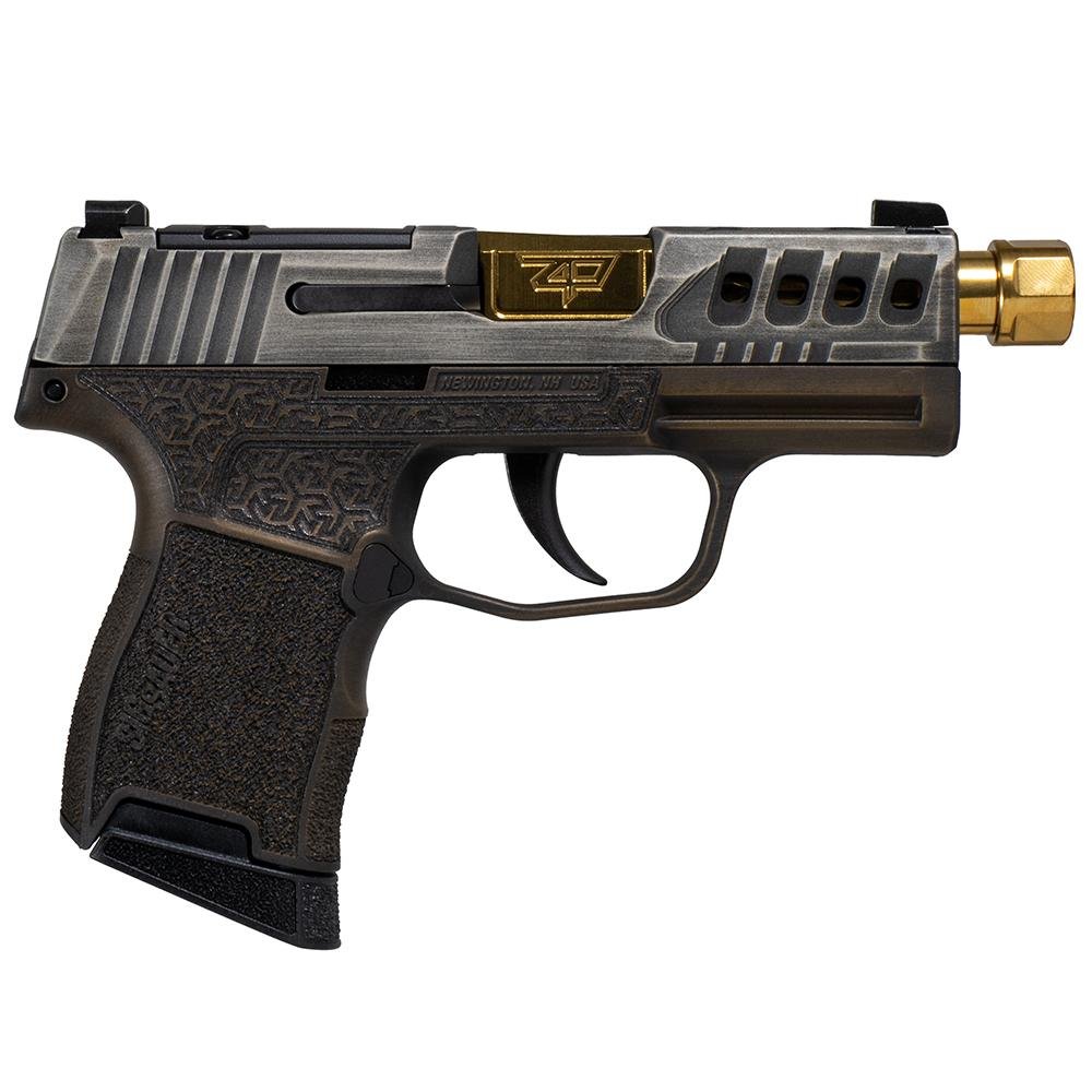 Sig Sauer P365 “Gold Bug” Handgun 9mm luger 10rd Magazines(2) 3.7″ Threaded Gold Barrel Tactical Cut Distressed Grey Slide/Brown Grip Octagon Stippling