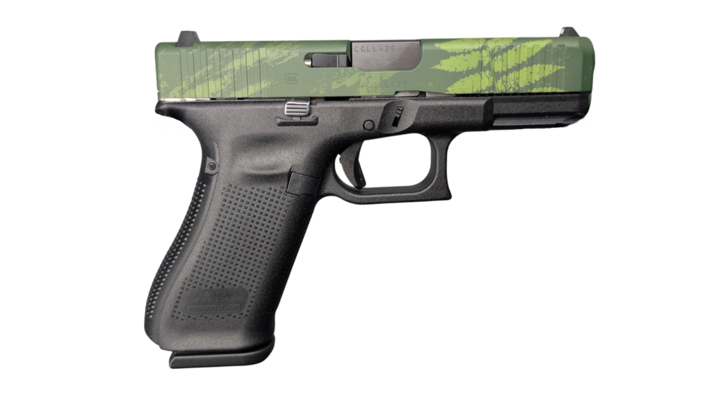 GLOCK 45 V ISLAND CAMO 9MM PISTOL 4″ BLACK-BLK/GRN SLIDE FXD 3-17RD MAGS