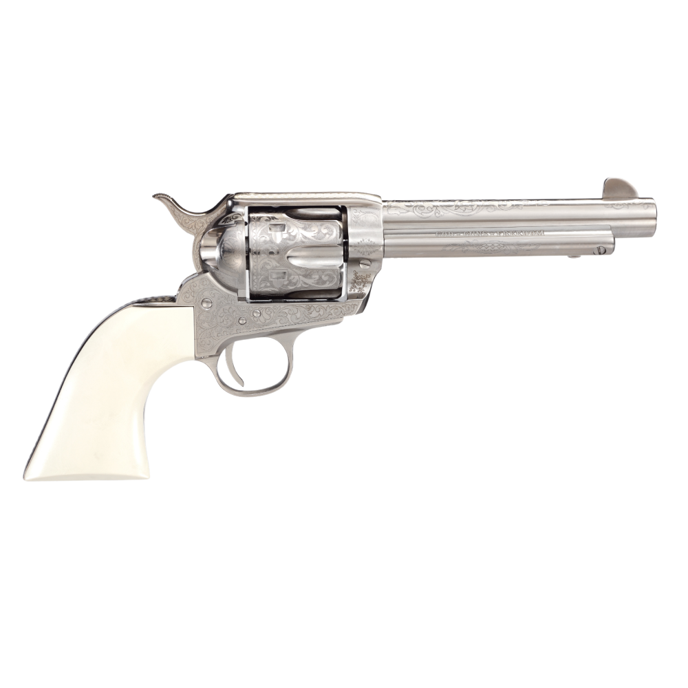 Taylors & Company 1873 Outlaw Legacy Handgun .45 Colt 6rd Capacity 5.5″ Barrel Engraved Nickel with White