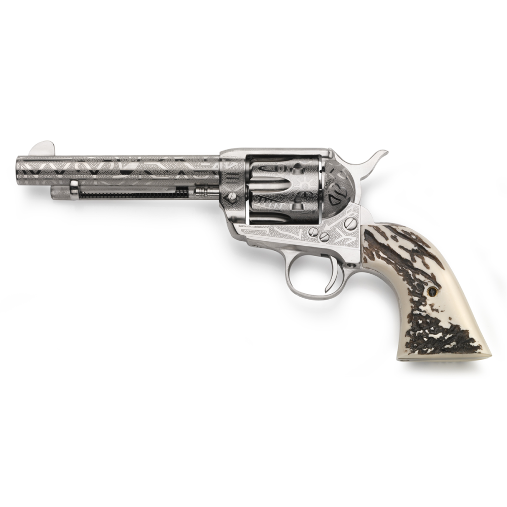 Taylors & Company 1873 Cattlebrand Engraved Stag Handgun .45 Colt 6rd Capacity 5.5″ Barrel Engraved Silver with White
