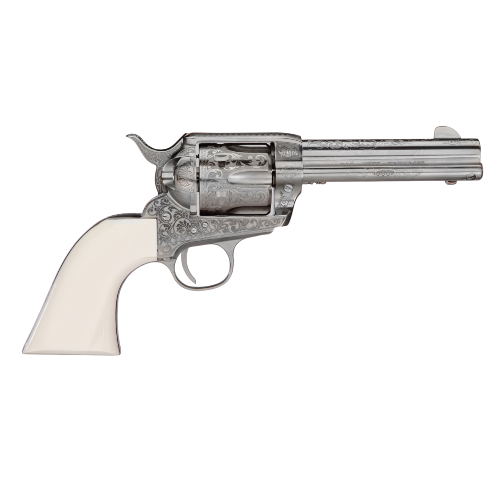 Taylors & Company 1873 Outlaw Legacy Handgun .45 Colt 6rd Capacity 4.75″ Barrel Engraved Nickel with White