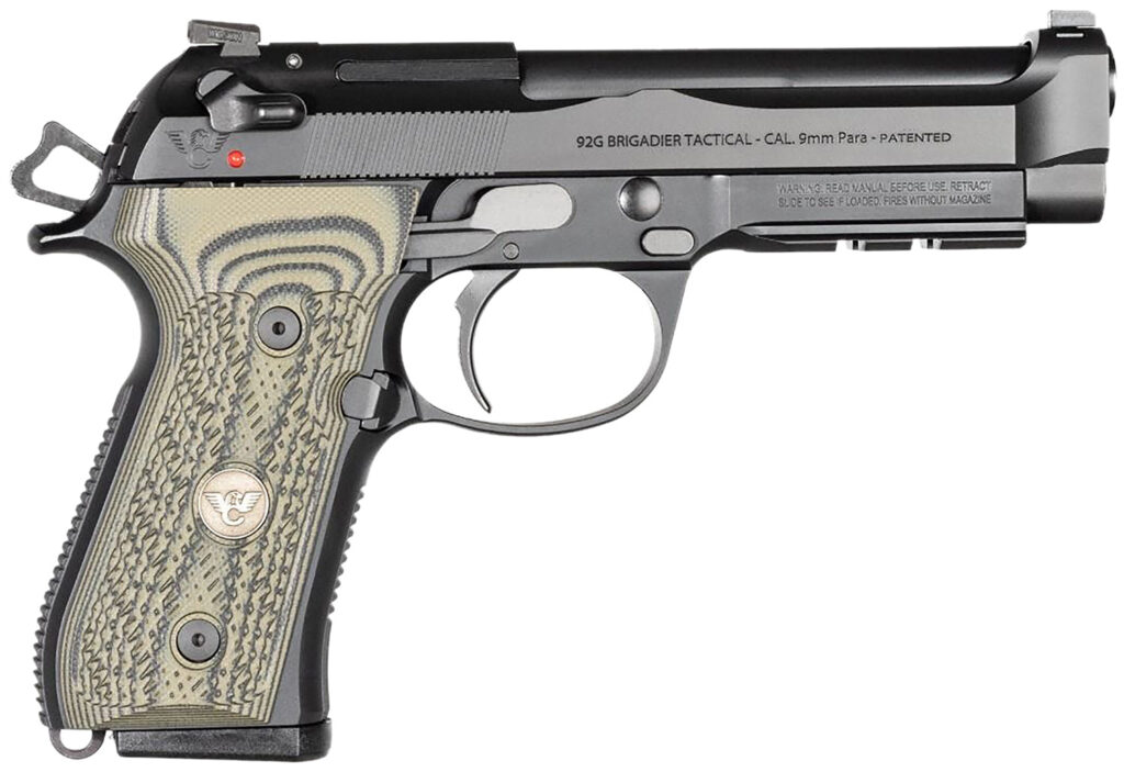Wilson Combat BER92BRIG9 92G Brigadier Tactical 9mm Luger 15+1 4.70″ Target Crown Steel Barrel, Black Serrated Steel Slide, Black Steel Frame w/Picatinny Rail, Dirty Olive G10 Grip, Ambidextrous