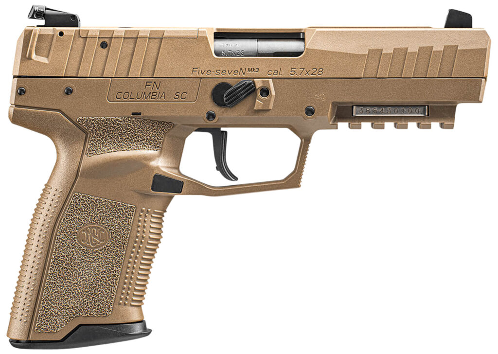 FN 66101275 Five-seveN MRD 5.7x28mm  4.80″ Barrel 20+1, Flat Dark Earth Polymer Frame With Mounting Rail & Serrated Trigger Guard, Optic Cut FDE Steel Slide, No Manual Safety, Optics Ready