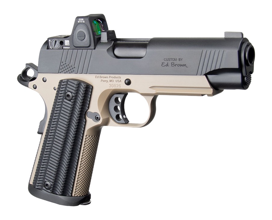 Ed Brown  Special Forces Commander SOCOM w/Optic 45 ACP 7+1 4.25″ Black Nitride Barrel, Black Gen4 Stainless Steel Serrated w/Optic Slide, Flat Dark Earth Gen4 Stainless Steel Frame w/Accessory Rail,