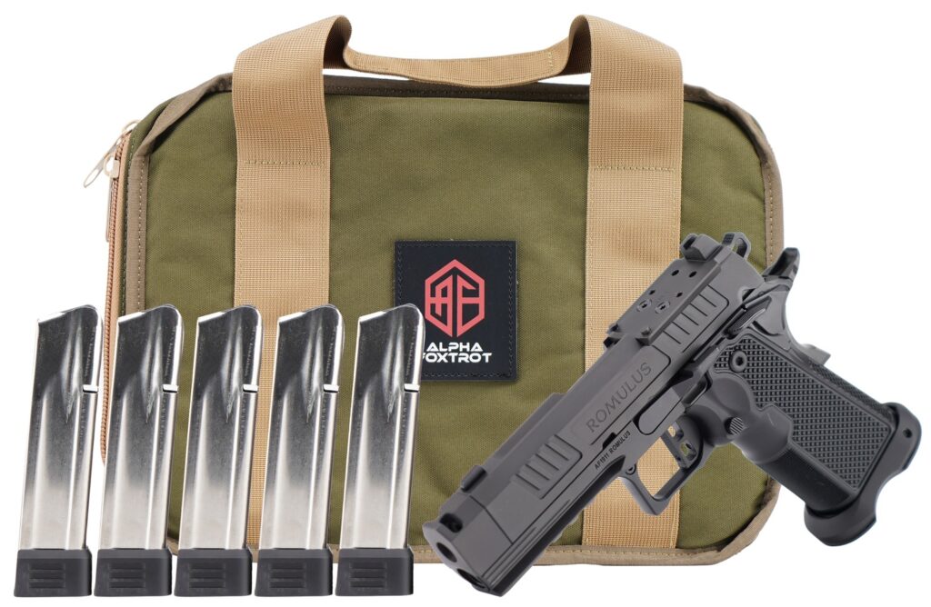 Alpha Foxtrot AA47X1QIG-XDBK20-PROM AF1911 Romulus Promo 9mm Luger 20+1 3.50″ Black DLC Threaded Compensated Barrel, Black DLC Stainless Steel Optic Ready/Serrated Slide & Frame w/Beavertail & Picatin