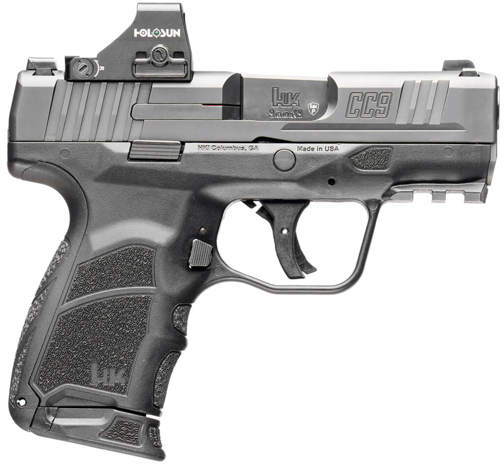HK 81001132 CC9  9mm Luger 10+1 3.32″ Black Polygonal Rifled Barrel, Optic Ready RMSc/407k Footprint/Serrated Steel Slide, Polymer Frame w/Picatinny Rail, Black Interchangeable Backstrap Grip