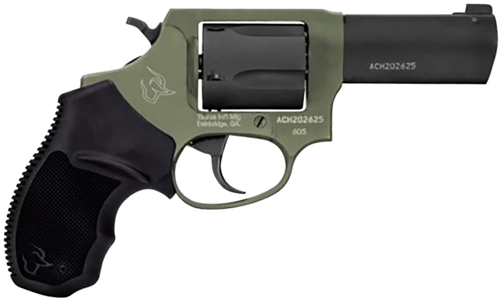 Taurus 260531F Defender 605  SA/DA 357 Mag/38 Special +P 5rd 3″, Black Barrel/Cylinder, Sniper Green Frame, Black Hogue Rubber Grip, Fixed Front Sight