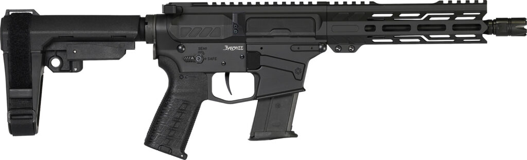 CMMG 57A340FAB Banshee MK57 5.7x28mm 20+1 8″ Black Nitride Medium Taper Threaded Barrel, EML 7″ M-LOK Handguards, Black Armor Cerakote Aluminum Picatinny Rail Receiver, CMMG Zeroed Grips