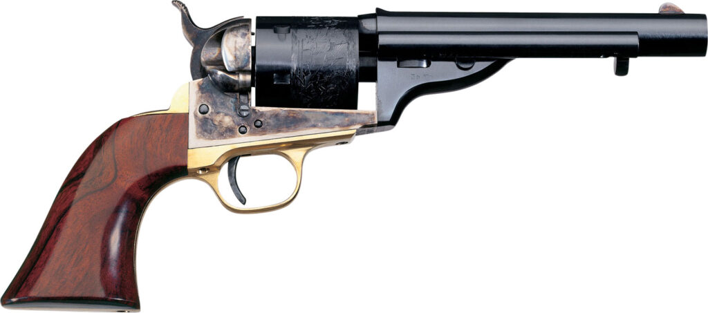 Taylors & Company 550721 1851 Open-Top 45 Colt (LC) Caliber with 5.50″ Blued Finish Barrel, 6rd Capacity Blued Finish Cylinder, Color Case Hardened Finish Steel Frame & Walnut Navy Size Grip