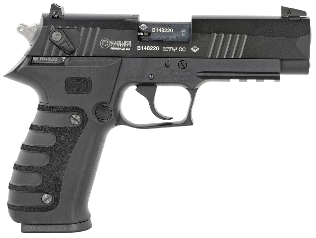 Mauser Rimfire 4010101 M20  22 LR 10+1 4″ Black Steel Barrel, Black Serrated Slide, Black Aluminum Frame w/Picatinny Rail, Black Molded Grip, Ambidextrous