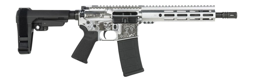 Shark Coast Tactical SCC07374DOD-P Day of the Dead  5.56 NATO 30+1 10.50″ Black Nitride Threaded Barrel, Aluminum Laser Engraved Receiver w/Picatinny Rail, M-LOK Handguard, Polymer SB Tactical SBA3 Br