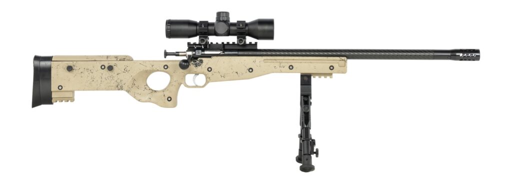 Crickett KSA2143 My First Rifle CPR 22 LR 1rd 16.13″ Carbon Fiber Threaded Barrel, Picatinny Rail Receiver, Adj Bipod Forend, Tan w/Black Webbing Thumbhole