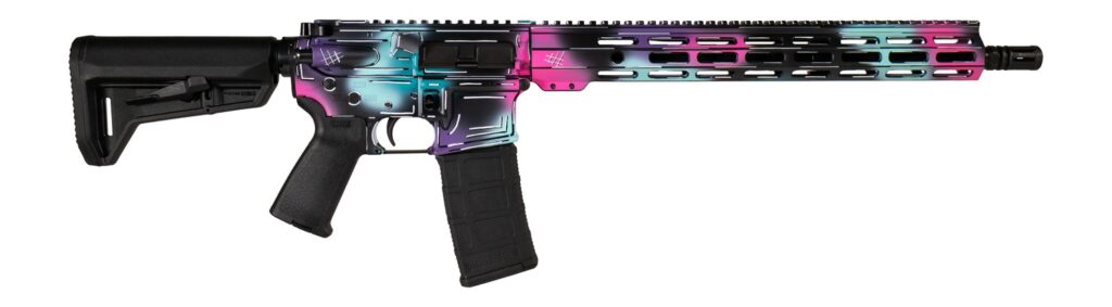 Shark Coast Tactical SCC101938DISB Anime-15  5.56 NATO 30+1 16″ Black Nitride Threaded Barrel, Disco Cerakote Aluminum Receiver w/Picatinny Rail, M-LOK Handguard, Magpul Collapsible Black Polymer Stoc