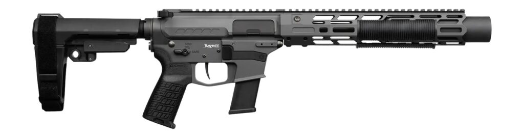CMMG 45AEA70-TNG MkG 45 ACP 13+1 6.50″ Black Nitride Threaded Barrel. Tungsten Cerakote Aluminum Receiver w/Picatinny Rail, M-LOK Handguard, Black Polymer CMMG RipBrace, CMMG Zeroed Grip, Ambidextrous