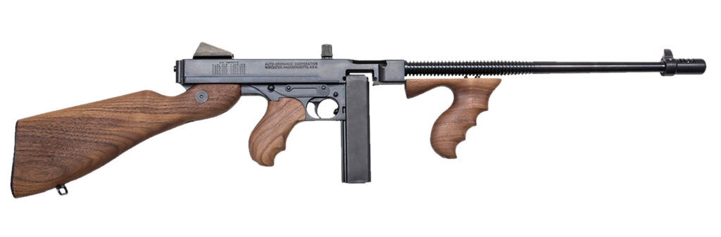 Thompson T5100D 1927A-1  45 ACP Caliber with 16.50″ Barrel, 20+1 Capacity (Stick), 100+1 Capacity (Drum), Blued Metal Finish, American Walnut Stock Wood Grip Right Hand