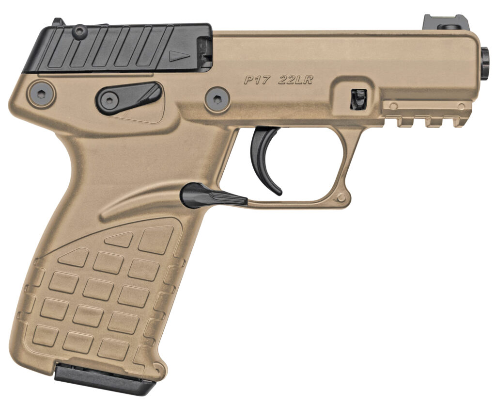 Kel-Tec P17BTAN P17  Compact Frame 22 LR 16+1 3.80″ Black Steel Threaded Barrel, Tan Serrated Slide, Tan w/Black Controls Polymer Frame w/Picatinny Rail, Textured Grip, Ambidextrous