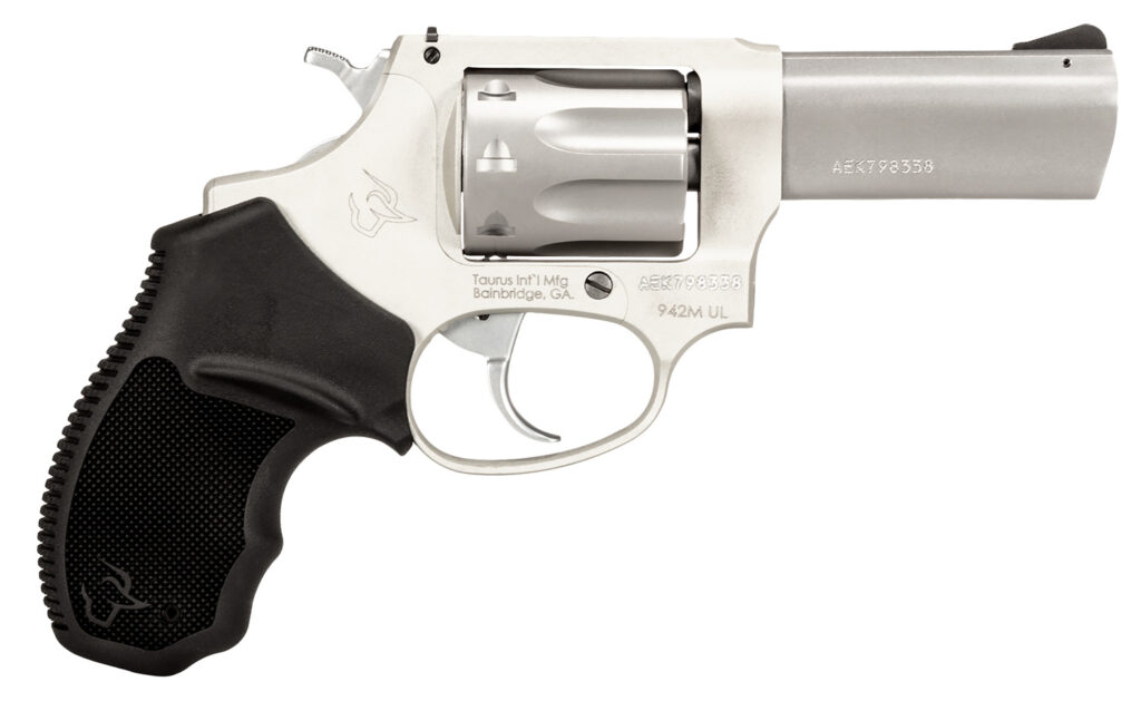 Taurus 2942M039UL 942 Ultra-Lite 22 WMR 8rd 3″ Matte Stainless Finish Barrel, Matte Stainless Finish Cylinder, Stainless Anodized Finish Aluminum Frame & Finger Grooved Black Polymer Grip