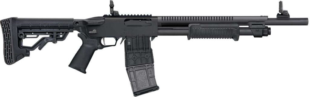 MOSSBERG 590RM TACTICAL MAG FED 12G SHOTGUN 18.5″ 5 POSTION STOCK, MAGPUL FOLDING SIGHTS, 10+1