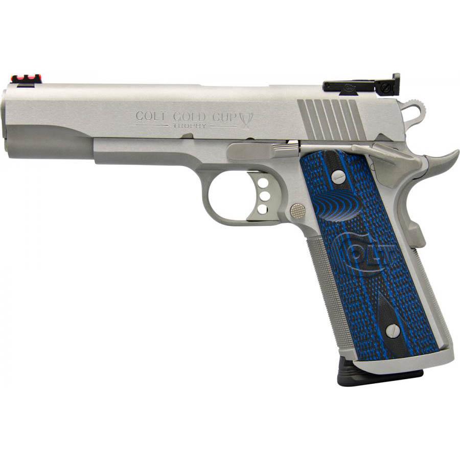 Colt Gold Cup Trophy Handgun 9mm Luger 9rd Magazine 5″ Barrel Stainless Finish G10 Grips Fiber Sights