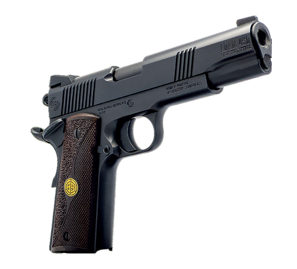 Dickinson LLC DKSN9BB 1911 Adam Full Size Frame 45 ACP 8+1 4.37″ Black Button Rifled Barrel, Matte Black Serrated Aluminum Slide, Black Steel Frame, Wood Grips