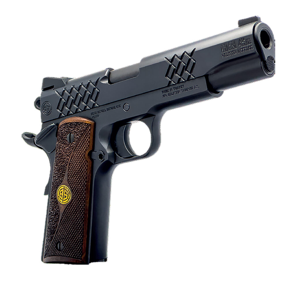 Dickinson LLC DKSN9BM 1911 Adam Full Size Frame 45 ACP 8+1 4.37″ Matte Black Button Rifled Barrel, Matte Black Serrated Aluminum Slide, Matte Black Steel Frame, Wood Grips