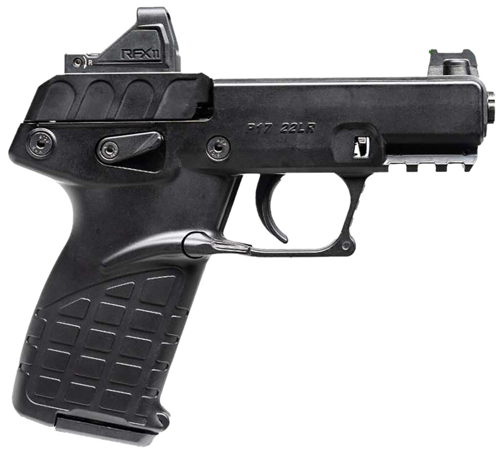 Kel-Tec P17BBLKOPTIC P17  Compact Frame 22 LR 16+1 3.80″ Black Steel Barrel, Black Serrated Steel Slide, Black Polymer Frame w/Picatinny Rail, Textured Grip, Viridian RFX-11 Green Dot, Ambidextrous