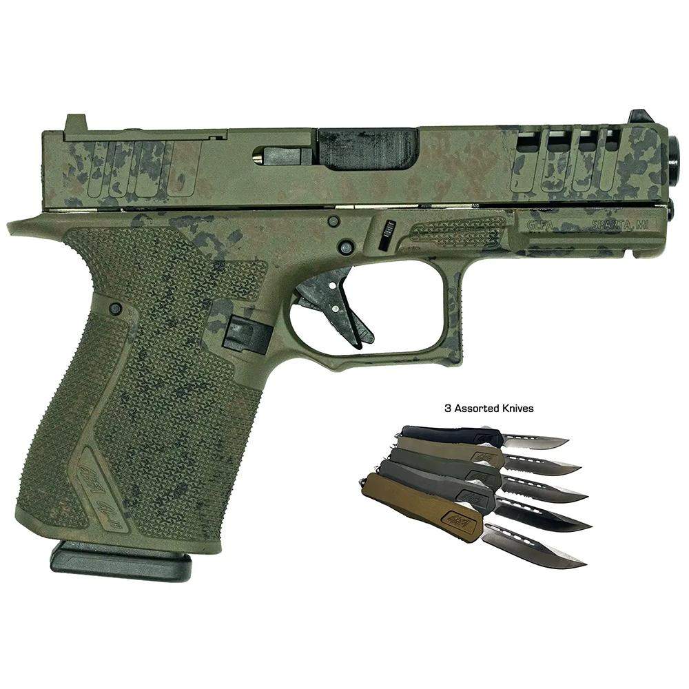 Great Lakes Striker Handgun Combo 9mm Luger 15rd Magazines (2) 4″ Barrel Lichen Green OR with 3 OTF 3-1/2″ Blade Knives