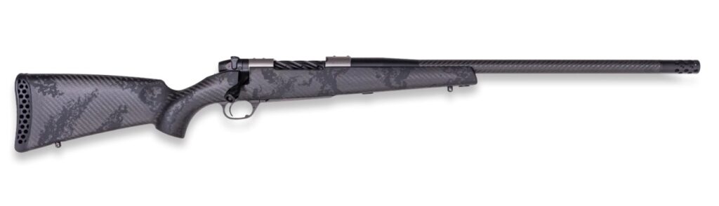 Weatherby MGT01N25RWR4B Mark V Backcountry Guide TI 25 WBY RPM 4+1 22″ +2 Black Fluted Threaded Barrel, Titanium Drilled & Tapped Receiver, Exposed Carbon w/Carbide Black Accents Fixed Peak 44 Blackto