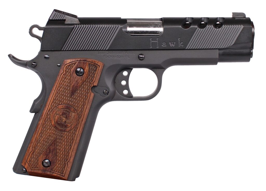 Iver Johnson Arms HAWK45P Hawk Commander 45 ACP 8+1 4.25″ Black Ported Barrel, Matte Black Steel Ported/Serrated Slide, Matte Black Steel Frame w/Beavertail, Checkered Double Diamond Walnut Grip, Righ