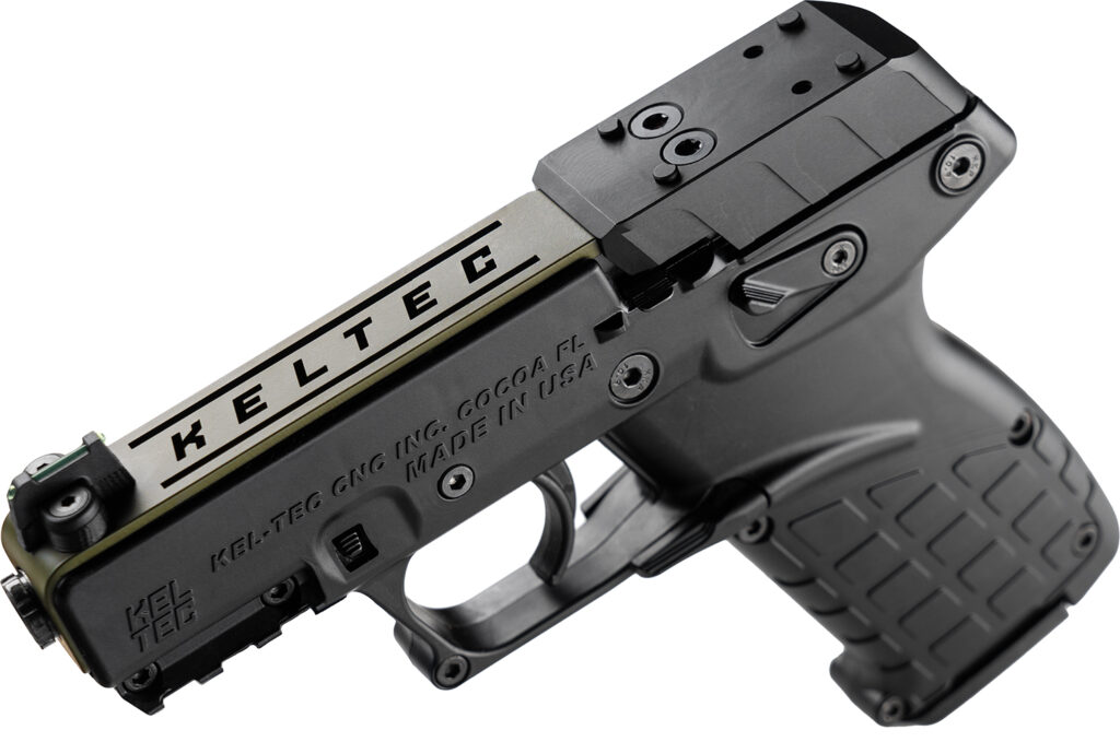 Kel-Tec P17BBLKORGRNS P17  Sports South Exclusive 22 LR 16+1 3.80″ Black Steel Barrel, OD Green Optic Ready/Serrated Slide, Black Polymer Frame w/Picatinny Rail, Textured Grip