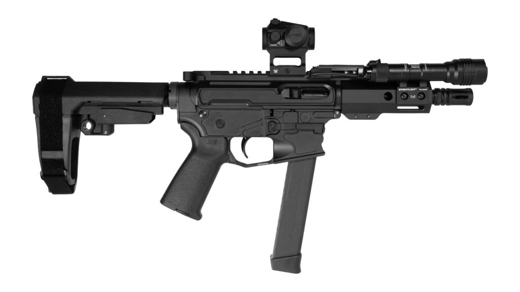 Shark Coast Tactical MNPCC00672 Midnight Bundle 9mm Luger 30+1 5″ Threaded Barrel, Aluminum Receiver w/Picatinny Rail. M-LOK Handguard, Polymer SB Tactical SBA3 Brace, Vortex Crossfire Red Dot, Stream