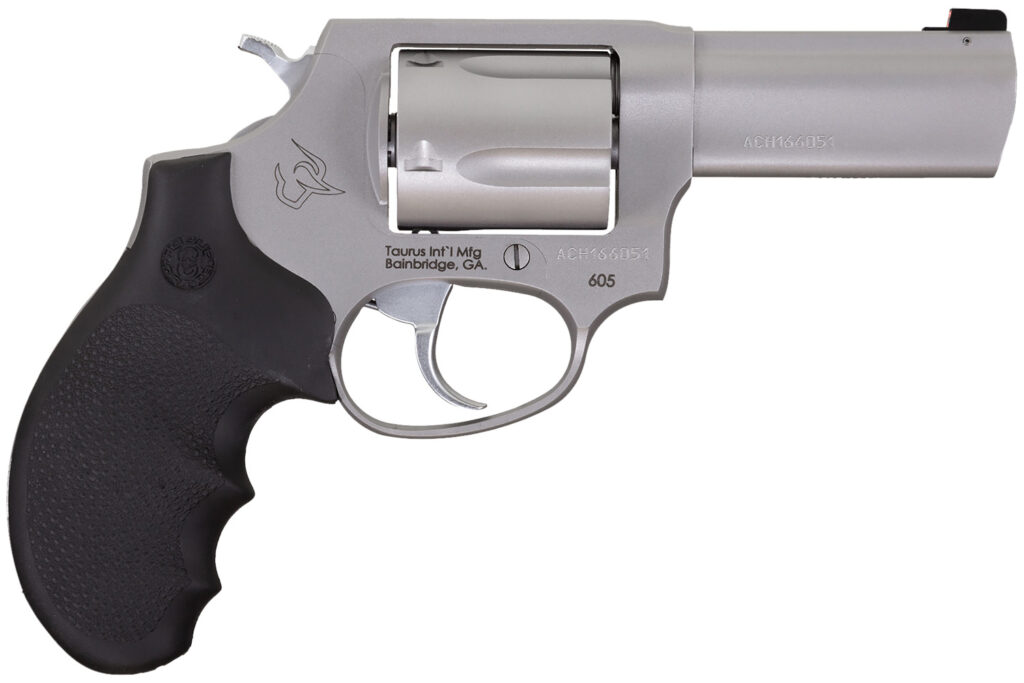 Taurus 2-60539NS 605 Defender Small 357 Mag/38 Special +P 5 Shot 3″ Matte Stainless Steel Barrel, Cylinder & Frame, Hogue Finger Grooved Grip, Transfer Bar Safety, Exposed Hammer