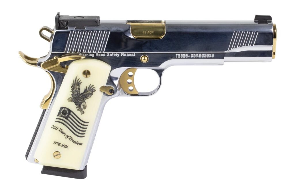 Girsan 391096 MC1911 USA 250th 45 ACP 8+1 5″ Polished Chrome Stainless Steel Serrated Slide & Frame w/Beavertail, Eagle w/Flag Grip
