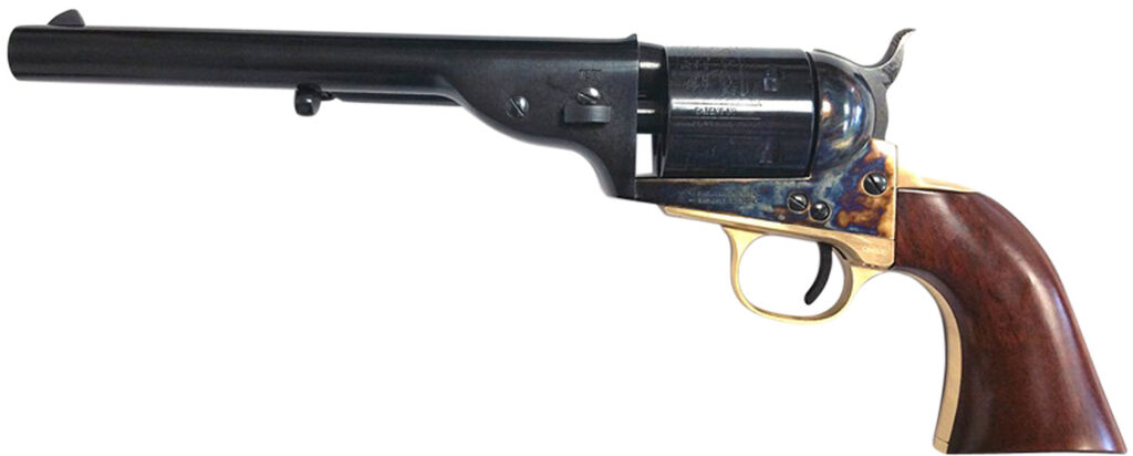 Taylors & Company 550725 1851 Open-Top 45 Colt (LC) Caliber with 7.50″ Blued Finish Barrel, 6rd Capacity Blued Finish Cylinder, Color Case Hardened Finish Steel Frame & Walnut Navy Size Grip