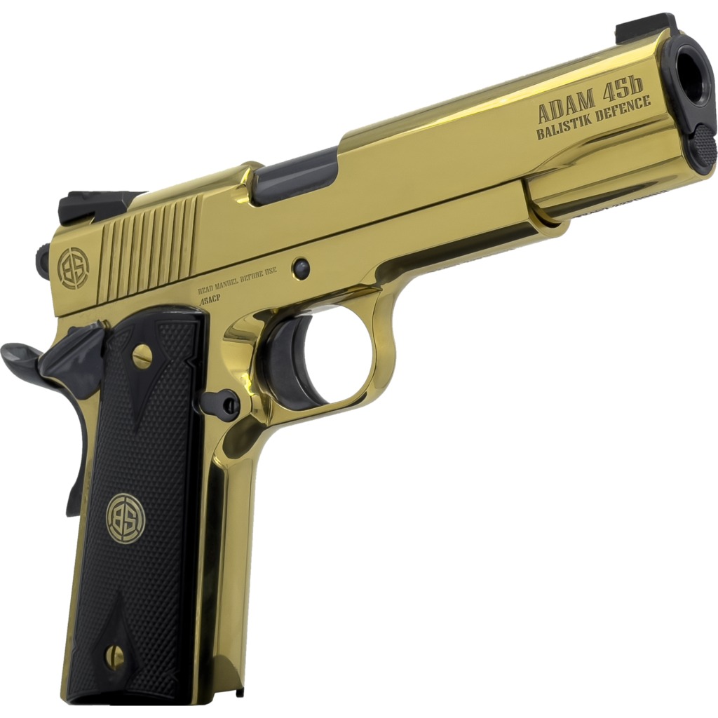Dickinson LLC DKSN45GB Adam 1911 Golden 45 ACP 8+1 5″ Black Barrel, Gold Cerakote Steel B Serrations Slide, Gold Steel Frame w/Beavertail, Black Textured Grip