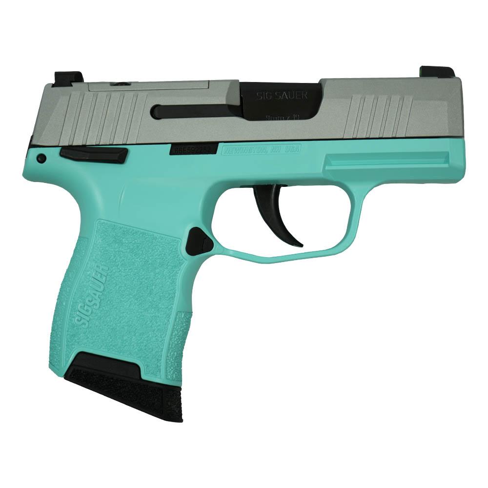 Sig Sauer “Silver Slide/Robin’s Egg Blue Frame” P365 Optic Ready Handgun 9mm Luger 10rd Magazines(2) 3.1″ Barrel X-RAY 3 Sights Manual Safety