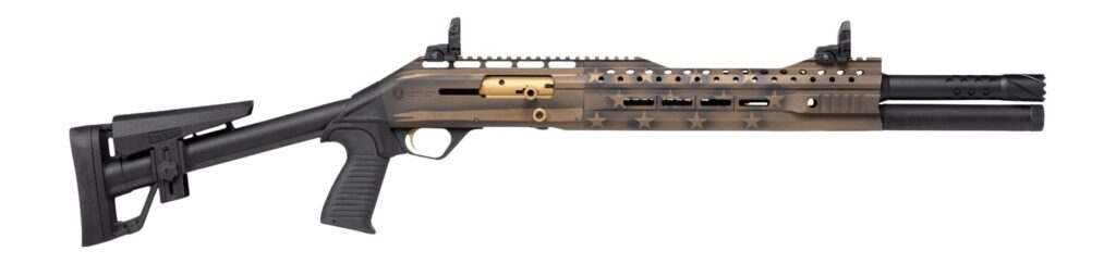 Panzer Arms PAEG240TSBBUSFC 240 12 Gauge Semi-Auto 3″ 5+1 18.50″ Black Ported Barrel, Black & Bronze US Flag Cerakote w/Gold Accents Aluminum Receiver w/Picatinny Rail, Black Skeleton Stock w/Pistol G