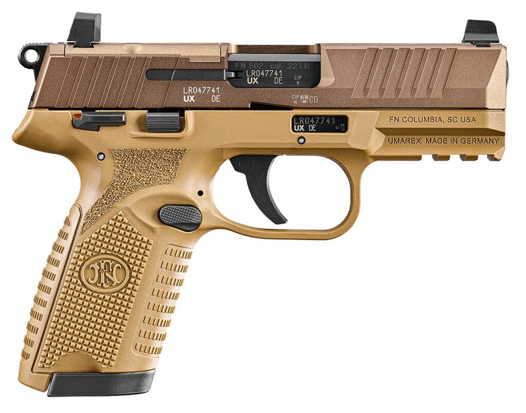 FN 66102318 502 MRD 22 LR 10+1 4″ Black Target Crown Barrel, Flat Dark Earth Optic Ready/Serrated Slide, Flat Dark Earth Polymer Frame w/Picatinny Rail, Textured Grip, Ambidextrous