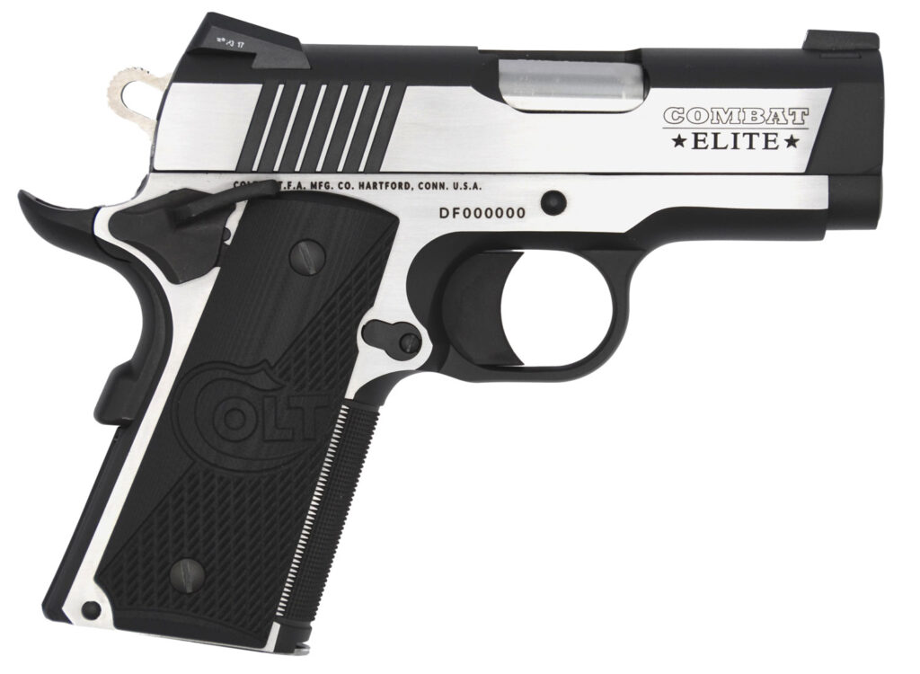 Colt Mfg O7080CE Combat Elite Commander Compact Frame .45 ACP 8+1, 3″ Stainless Steel Barrel, Two-Tone Serrated Stainless Steel Slide & Frame w/Beavertail, Black Scalloped G10 Grip, Ambidextrous