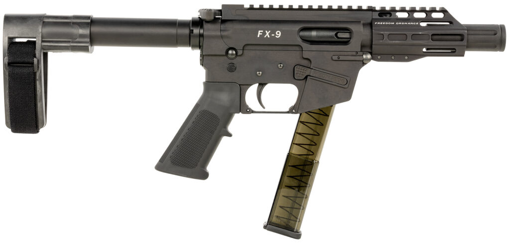 FREEDOM ORDNANCE FX9P4SBM FX-9  9mm Luger 31+1 4″ Black Nitride Steel Barrel, M-LOK Handguards, Black Anodized Aluminum Picatinny Rail Receiver, Black SB Mini Brace, AR15 Grip