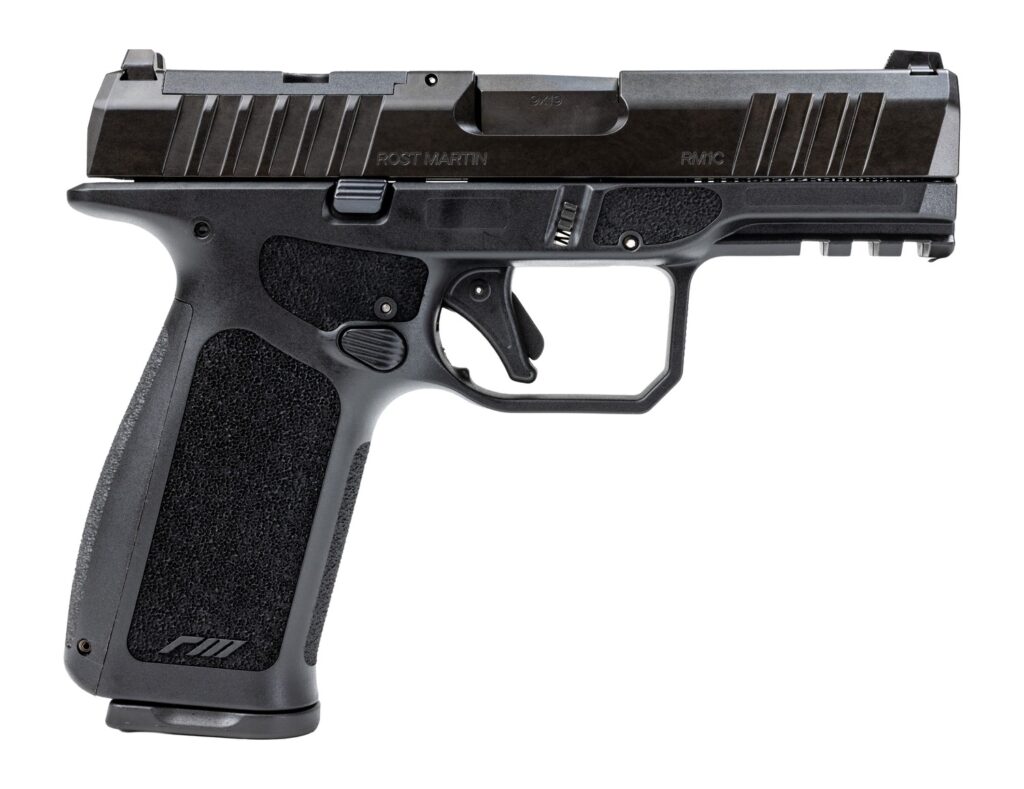 Rost Martin RM1CXBLKOSP10CA RM1X *CA Compliant Compact 9mm Luger 10+1 4″ Black Match Grade Barrel, Black Nitrocarburized Steel Optic Ready/Serrated Slide, Black Polymer Frame w/Picatinny Rail, Interch