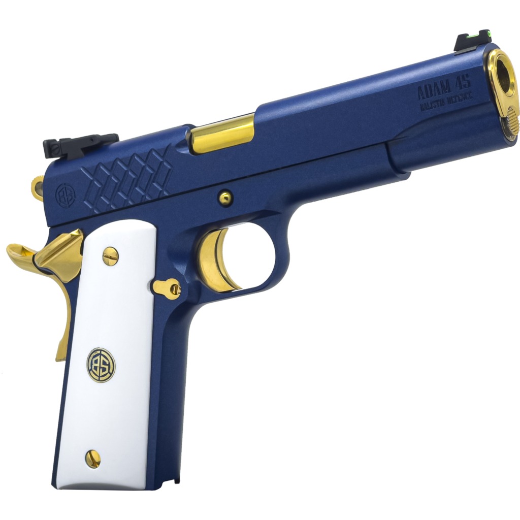 Dickinson LLC DKSN45SM Adam 1911 Sapphire Full Size 45 ACP 8+1 5″ Gold Barrel, Blue Sapphire Steel Slide & Frame w/Beavertail White Grip