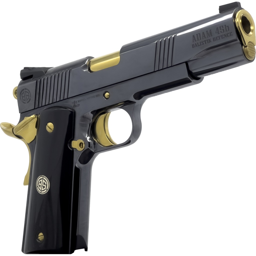 Dickinson LLC DKSN45AB Adam 1911 Acoustic Full Size 45 ACP 8+1 5″ Gold Barrel, Shiny Black Steel B Serrations Slide, Shiny Black Steel Frame w/Beavertail