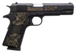 Tisas Arms 10100518US250 1911 America's 250th Full Size 45 ACP 7+1 5" Stainless Barrel, Black w/Gold Engraving Steel Serrated Slide, Black w/Gold Engraving Steel Frame w/Beavertail, Black w/Gold Accen