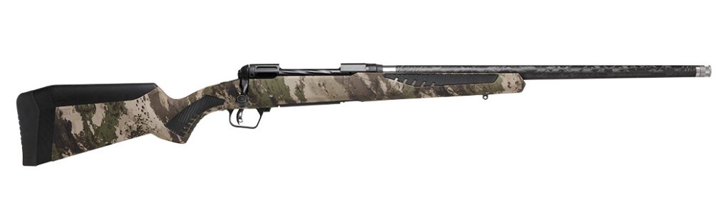 Savage Arms 58029 110 UltraLite 7mm PRC 2+1 22″ Threaded Carbon Fiber Wrapped Barrel, Black Melonite Rec, Woodland Camo AccuStock with AccuFit