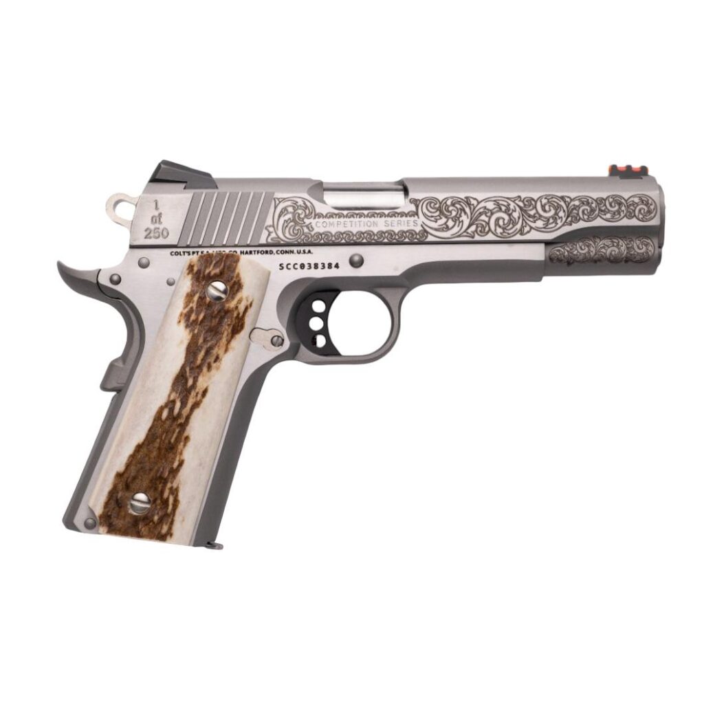 Colt Government Custom Engraved Competition Handgun .45 Auto 7rd Magazine 5″ Barrel Stainless Finish Fiber Sight Stag Grips
