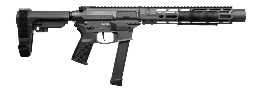 CMMG 99A6832-TNG Zeroed Banshee MkGs 9mm Luger 33+1 6.50″ Black Nitride Threaded Barrel, Tungsten Cerakote Aluminum Receiver w/Picatinny Rail, M-LOK Handguard, Black Polymer CMMG RipBrace, CMMG Zeroed