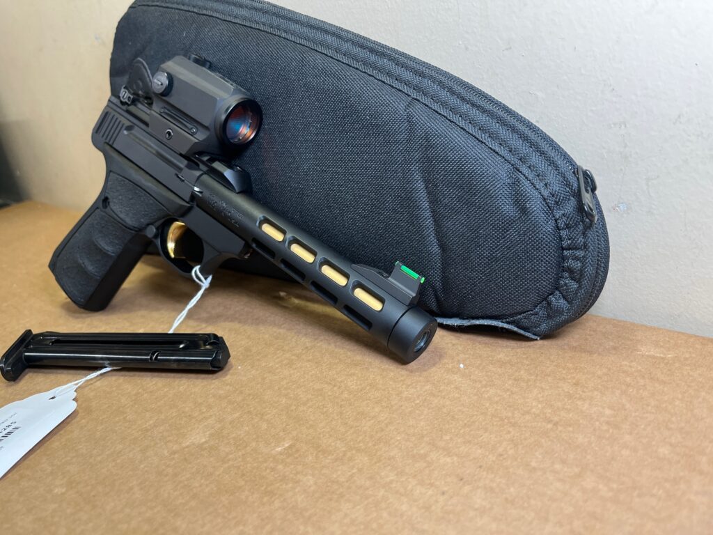 Browning 051582490 Buck Mark Vision SR 22 LR 10+1 5.90″ Black Anodized/Gold Cerakote Ported Threaded Barrel, Matte Black Serrated Slide & Aluminum Frame,  Vortex Crossfire Red Dot (Used) – 515YZ24285